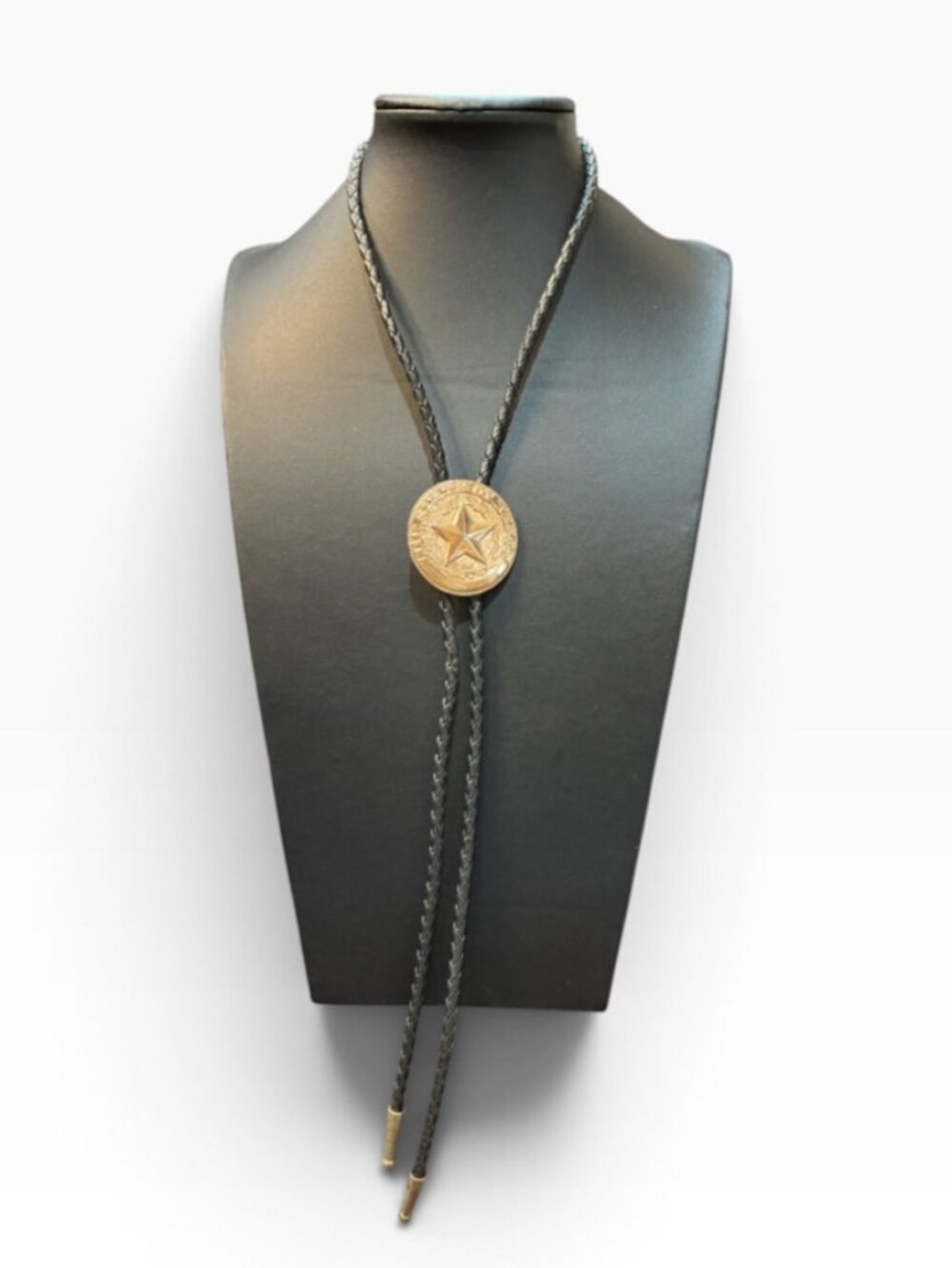 Texas State Seal Star Bolo Tie Black Braided Cord Gold Tone Slide Unsigned 17”